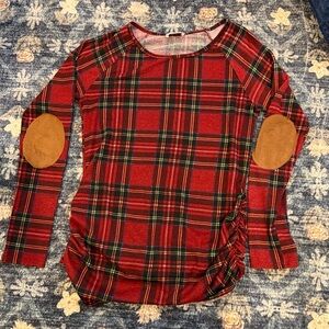 Red Plaid Long Sleeve Top with Elbow Patches